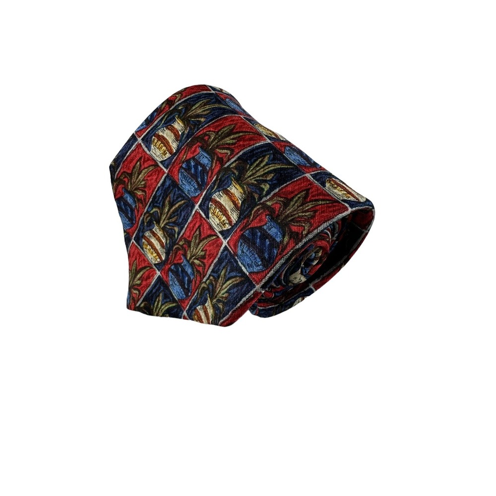 Ermenegildo Zegna Blue Red Vase Plant Print Silk Tie 3.75 Inch Width